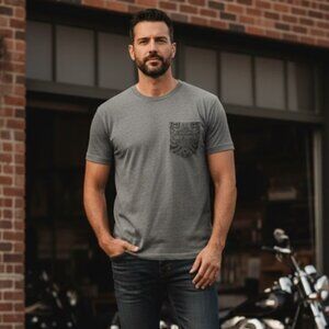 Harley Davidson Dark Gray T shirt Front Logo Pocket EUC Mens Size L